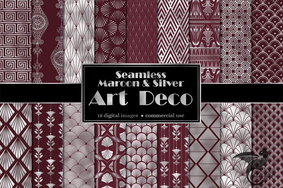 Maroon and Silver Art Deco Digital Paper example image 1