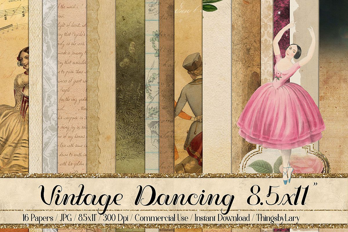16 Antique Ephemera Dancing Ballerina Digital Papers 8.5x11" example image 1