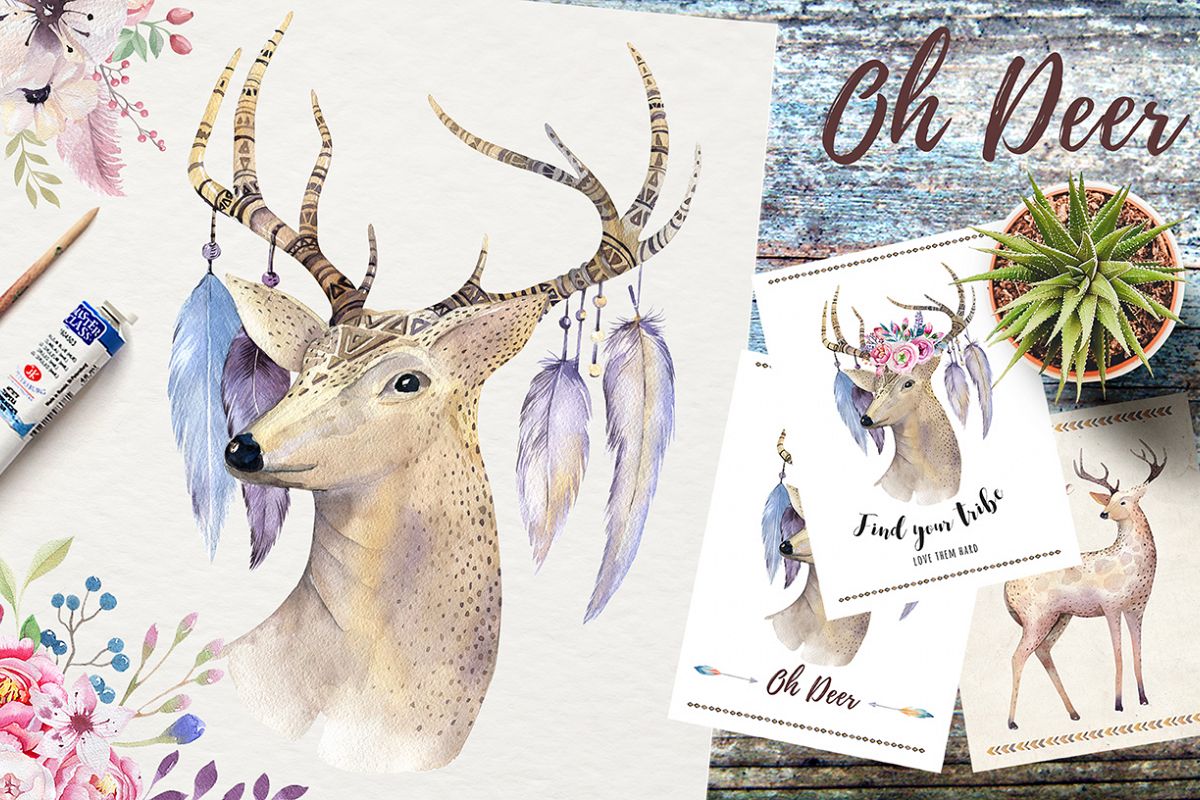 Watercolor deer and horns. Bohemian example image 1