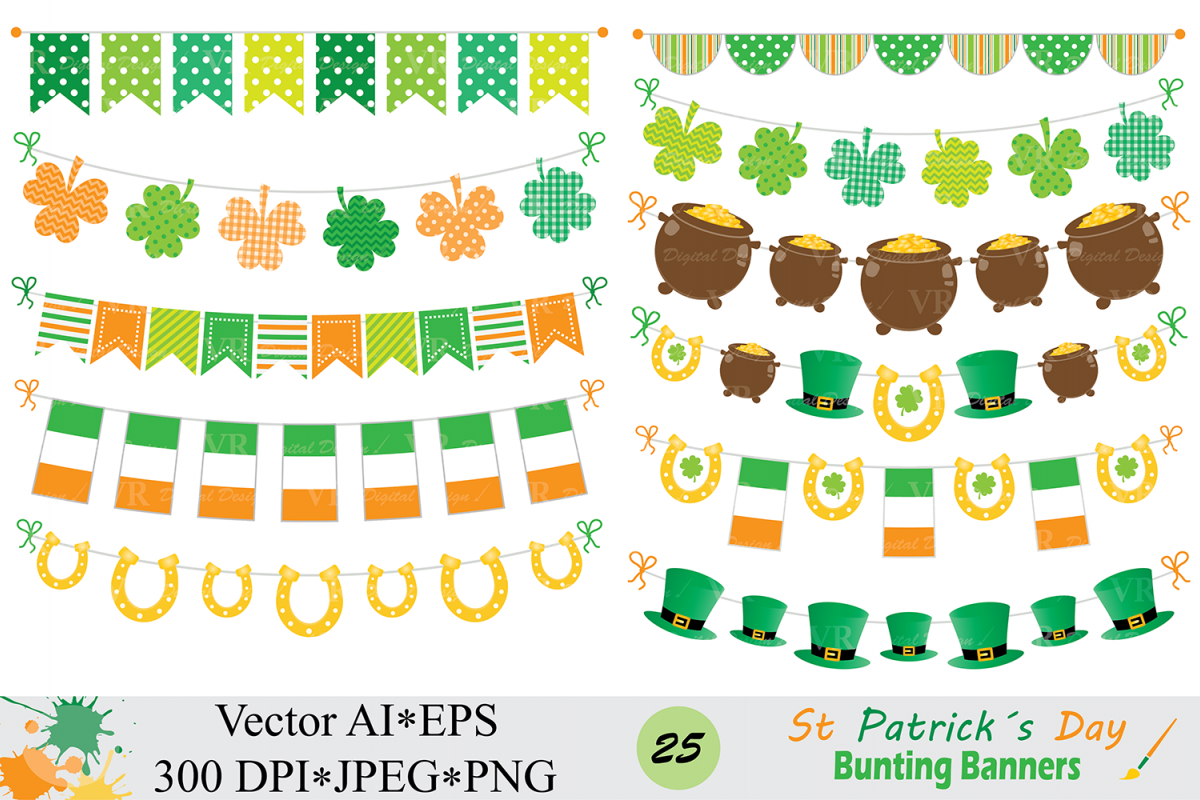 St Patrick`s Day Bunting Banner Clipart / Irish Orange and Green Bunting Vector Clip Art example image 1