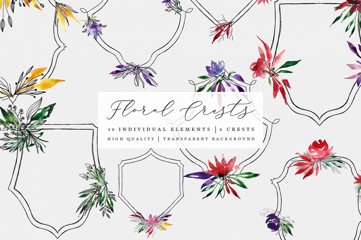 Floral Crests - Red, Purple, Yellow, Green Floral Clip Art example image 1