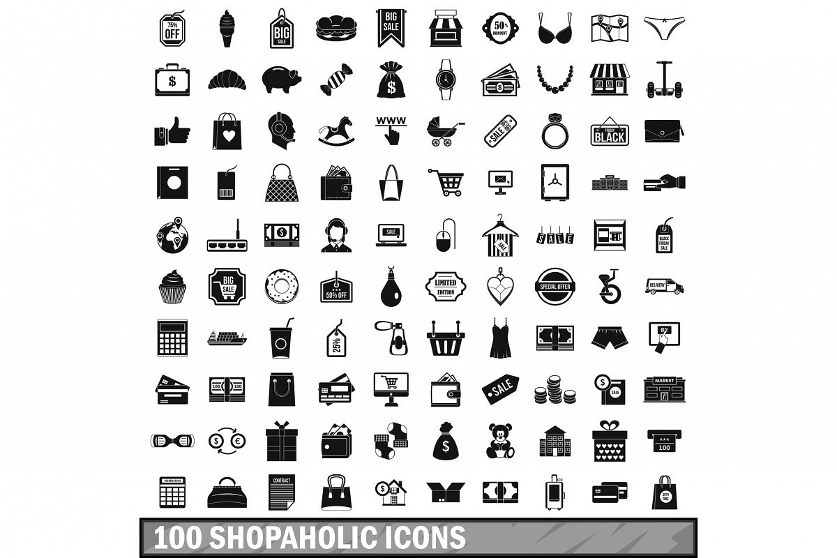 100 shopaholic icons set, simple style example image 1