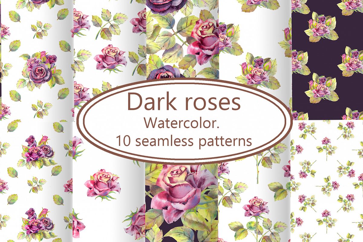 Dark roses. Watercolor. 10 seamless patterns example image 1