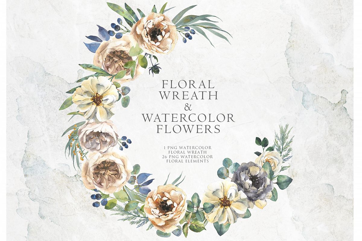 Delicate watercolor flowers and floral wreath example image 1