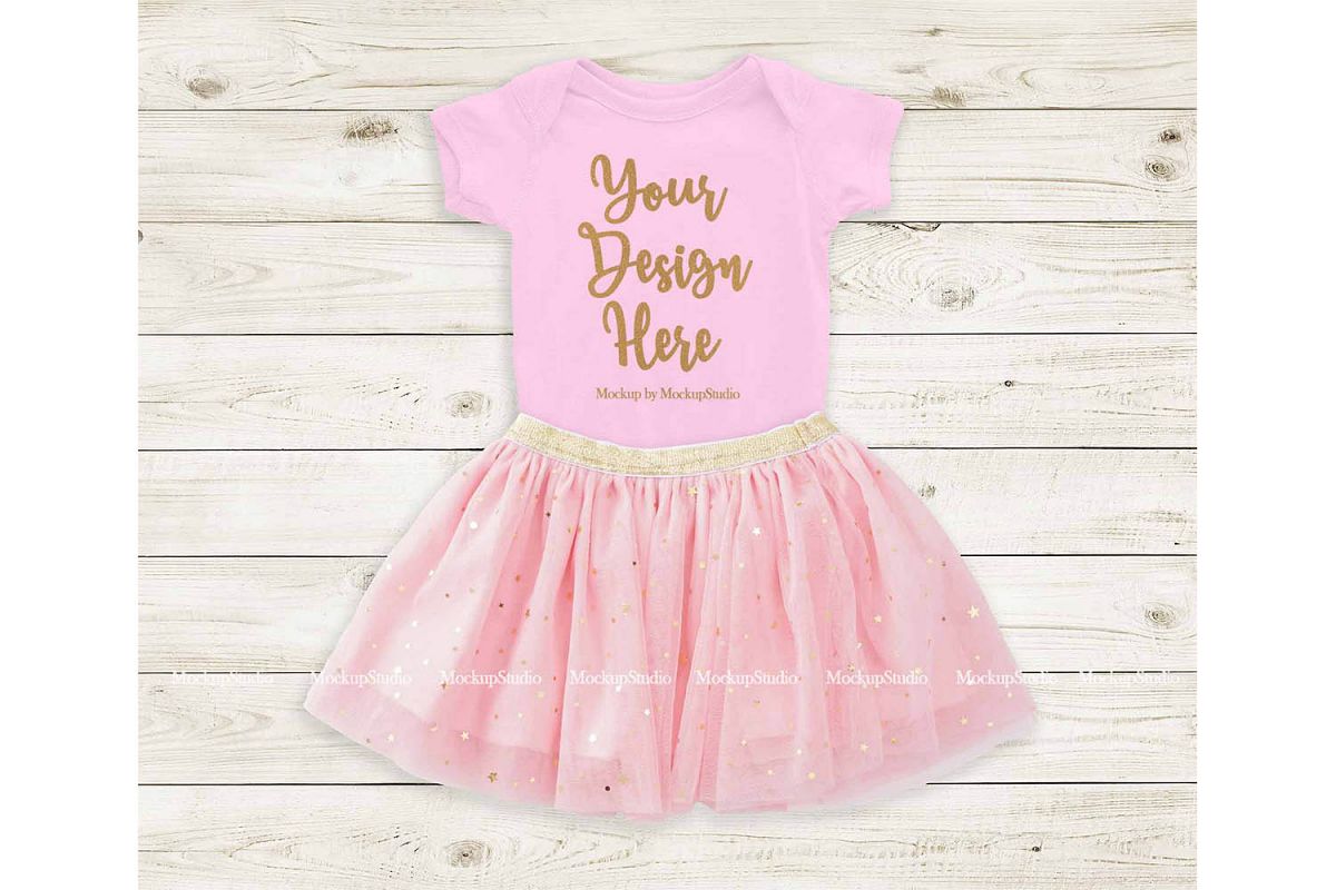 Pink Baby Bodysuit Mockup, Newborn Infant Toddler Onepiece example image 1