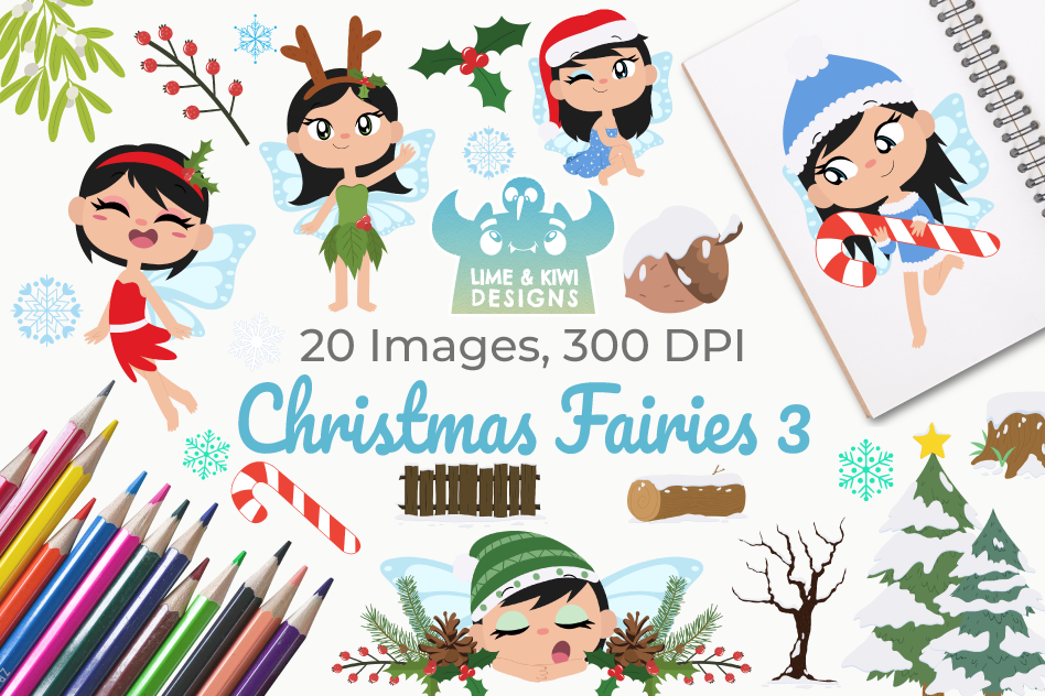 Christmas Fairies 3 Clipart, Instant Download Vector Art example image 1