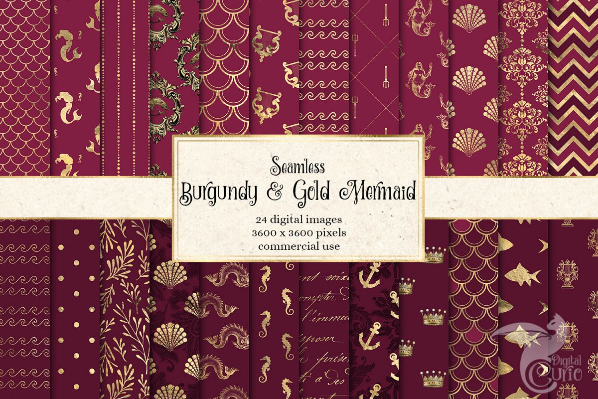 Burgundy and Gold Mermaid Digital Paper example image 1