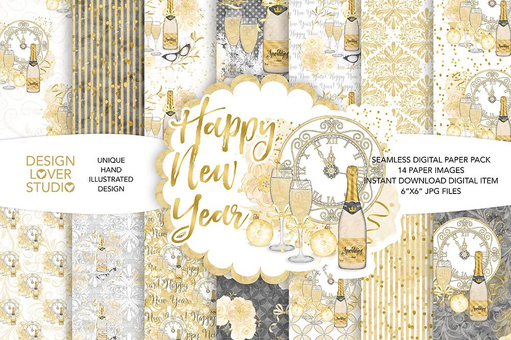 Watercolor Happy New Year digital paper pack example image 1