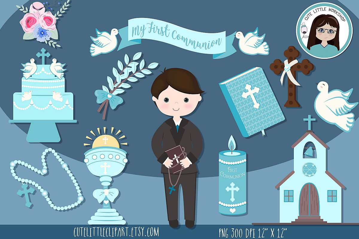 First Holy Communion Boy clipart bundle, Blue Boy Communion example image 1