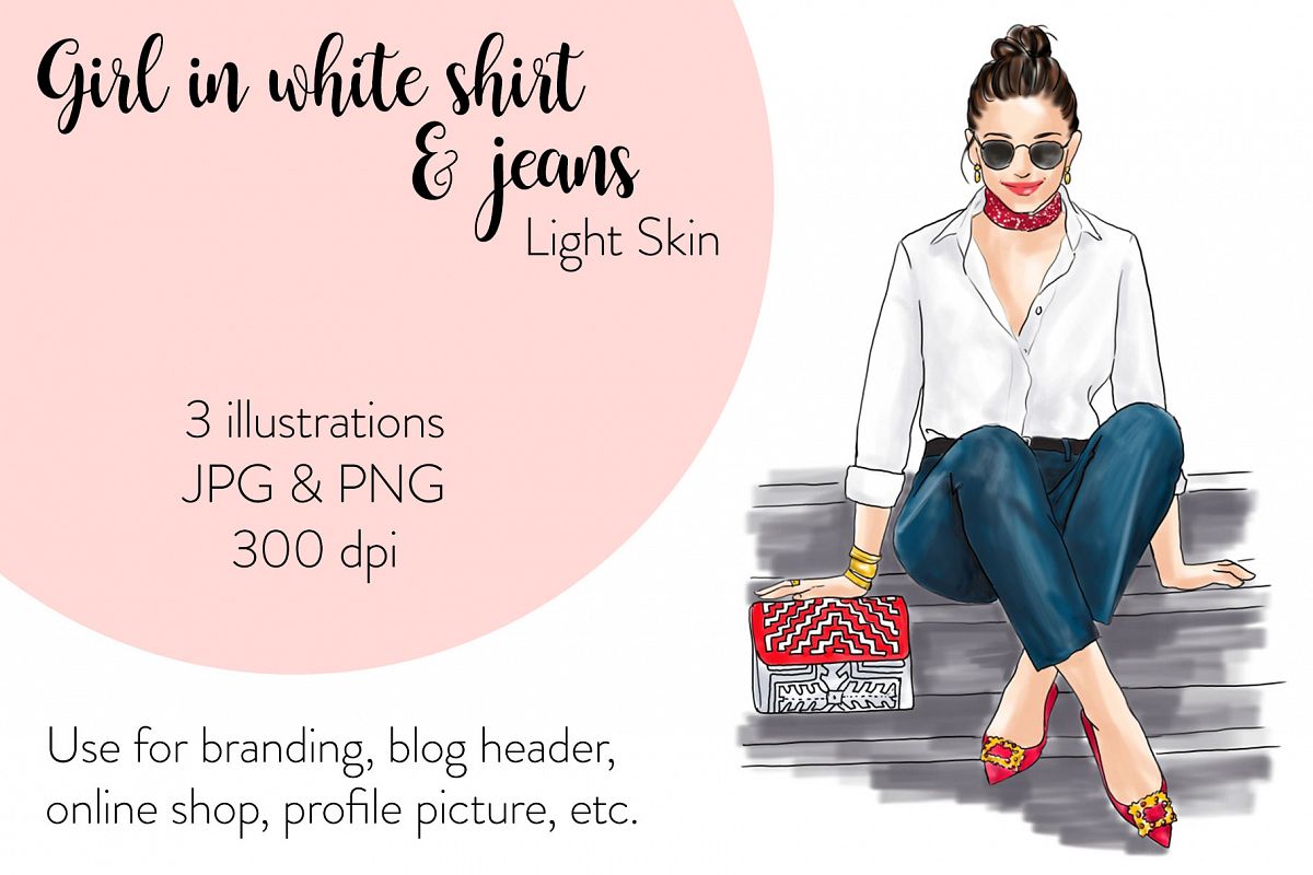 Fashion illustration - Girl in White Shirt & Jeans - Light example image 1