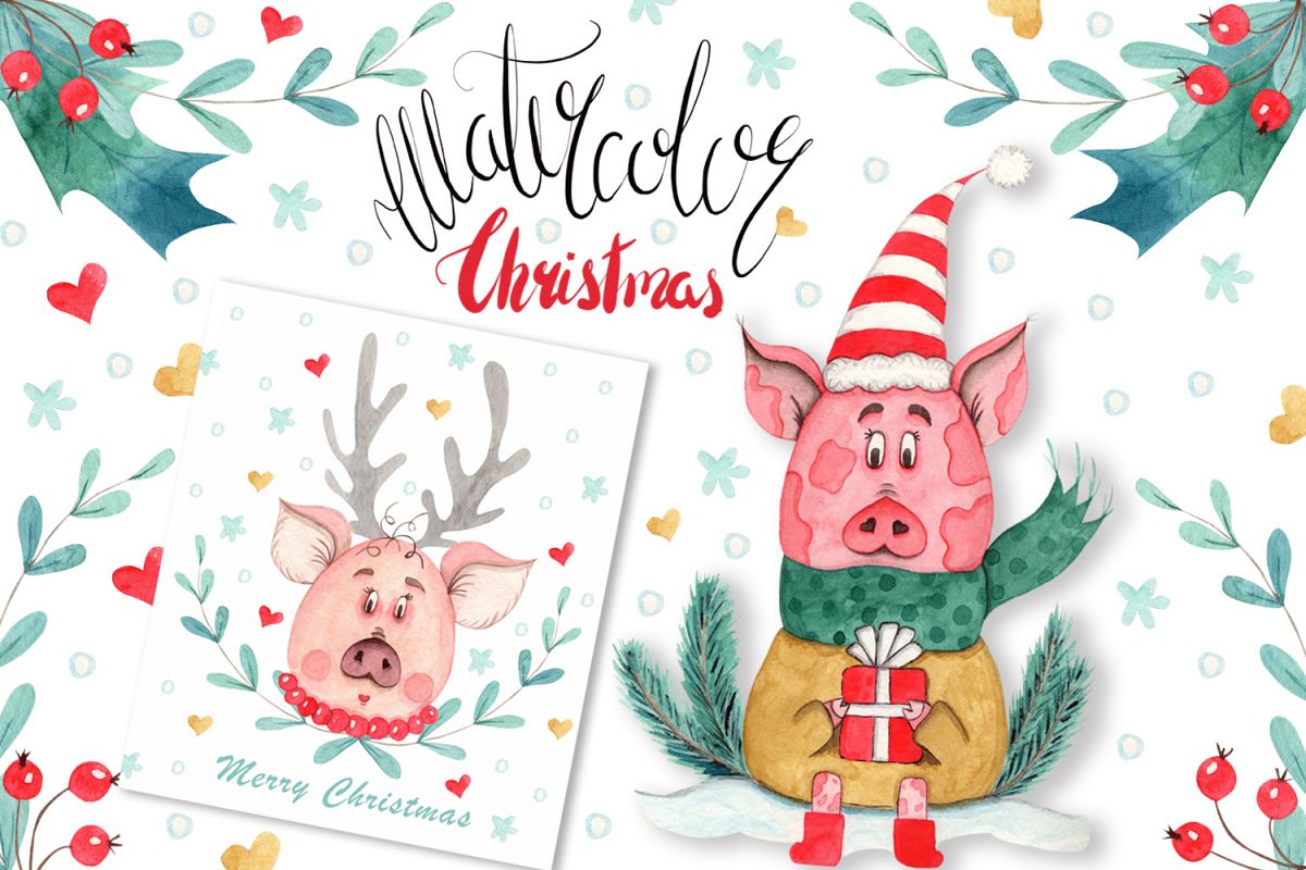 Watercolor Christmas Pig Collection example image 1