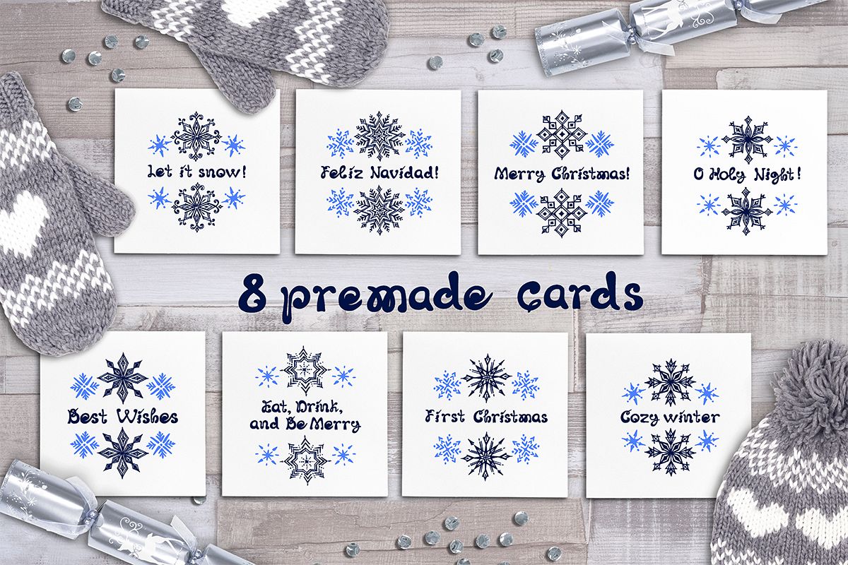 8 hand drawn Christmas greeting cards with snowflakes example image 1