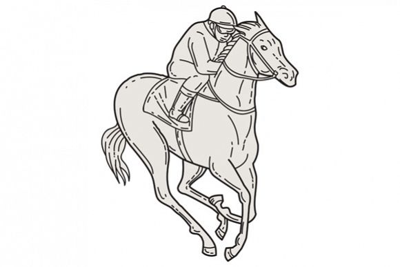 Jockey Riding Thoroughbred Horse Mono Line example image 1