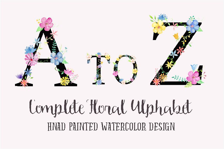Watercolor floral alphabets with black background example image 1