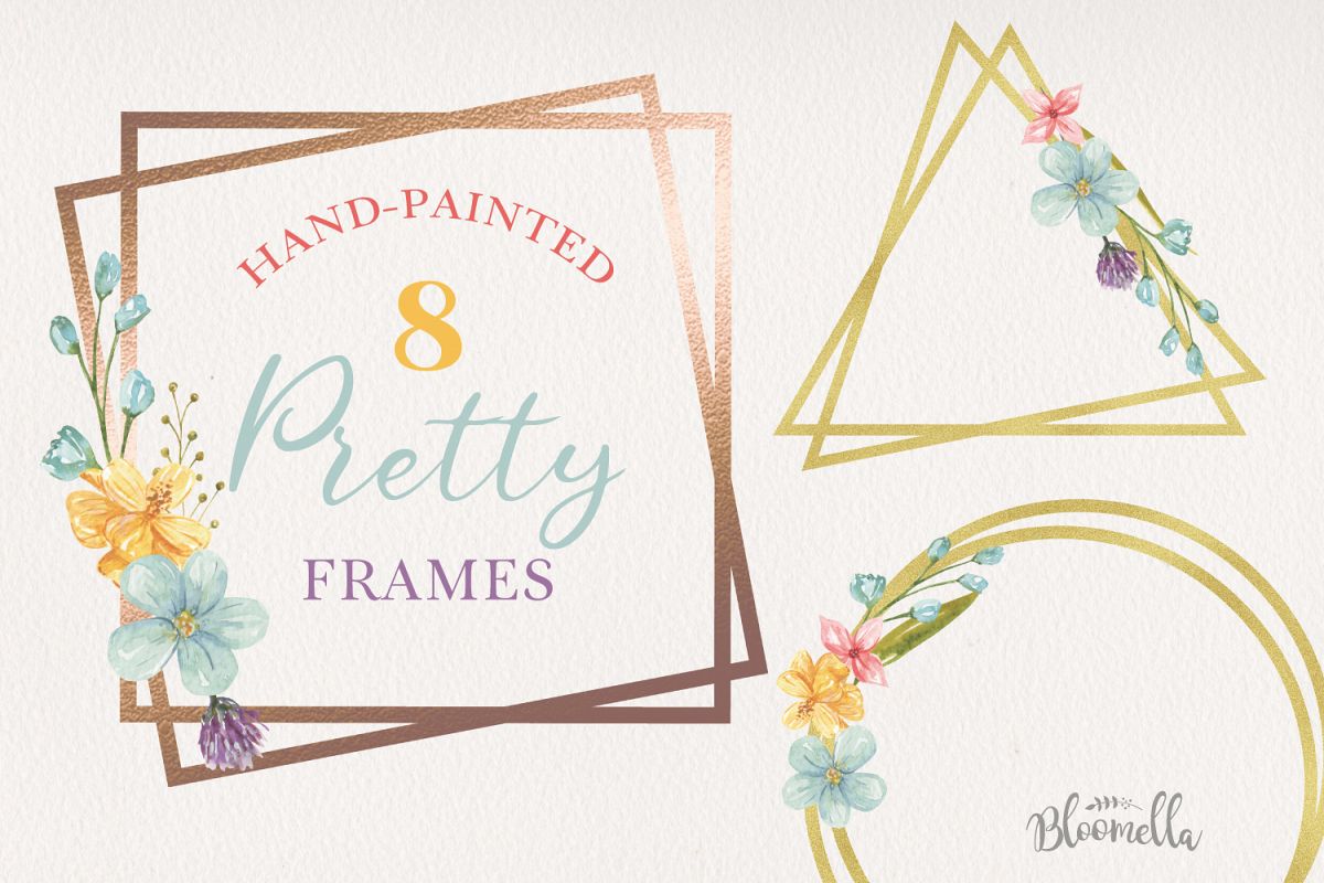 8 Flowers Gold Frames Leaves Watercolor Set Foliage Borders example image 1