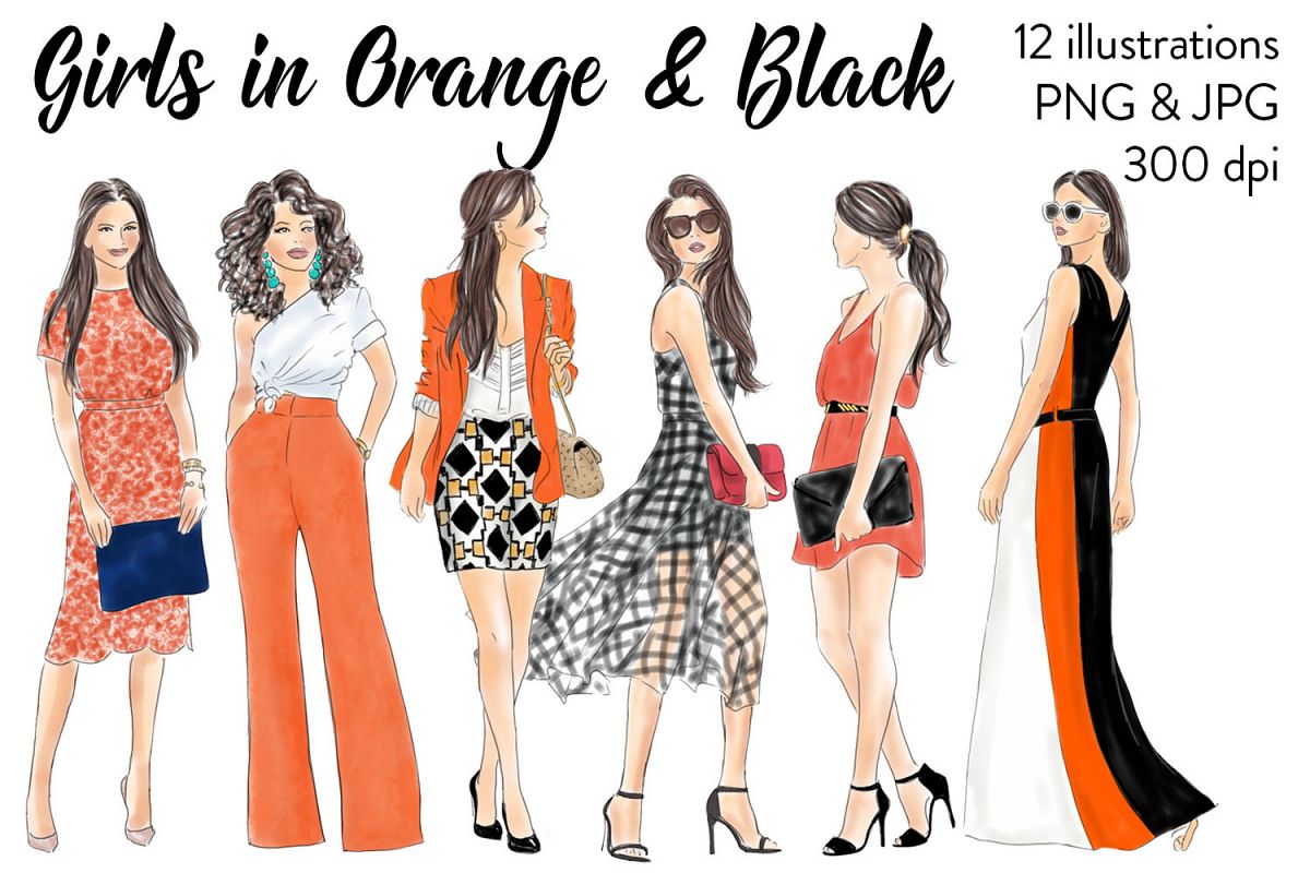 Watercolor fashion illusration clipart - Girls in Orange and Black example image 1