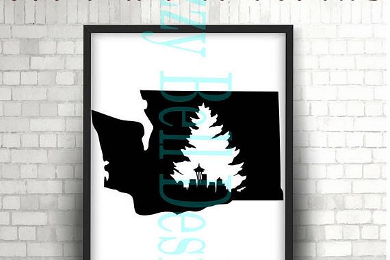 WASHINGTON State Seattle Skyline & Evergreen Tree SVG example image 1