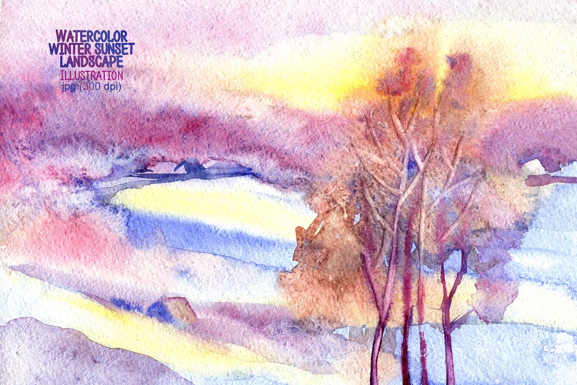 Watercolor winter sunset landscape example image 1