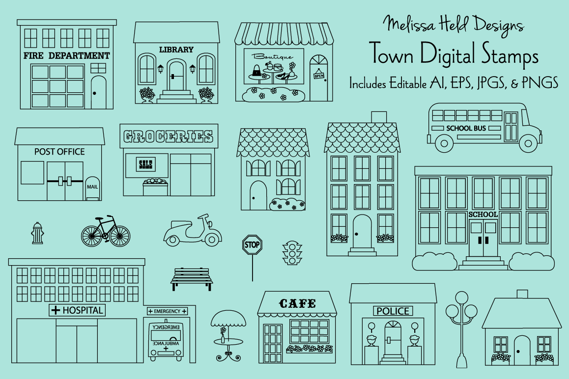 Town Buildings Digital Stamps Clipart example image 1