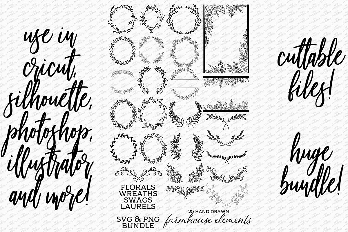 25 Hand Drawn Farmhouse Wreaths Swags Laurels Cutting Files example image 1