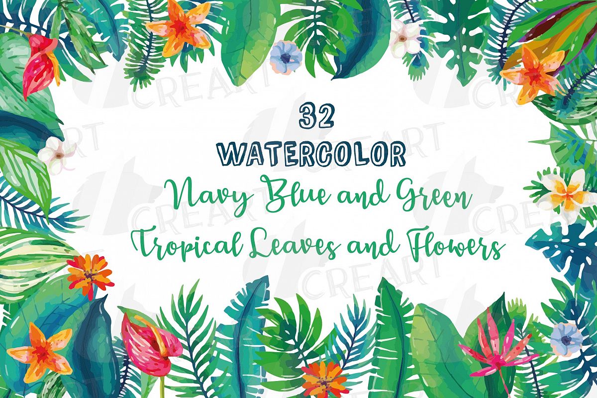 Tropical navy blue and green leaves and exotic flowers example image 1