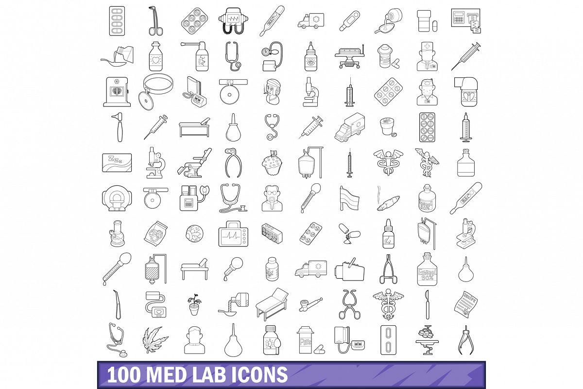100 med lab icons set, outline style example image 1