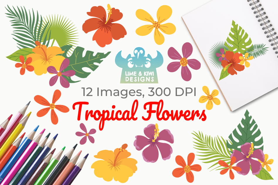 Tropical Flowers Clipart, Instant Download Vector Art example image 1