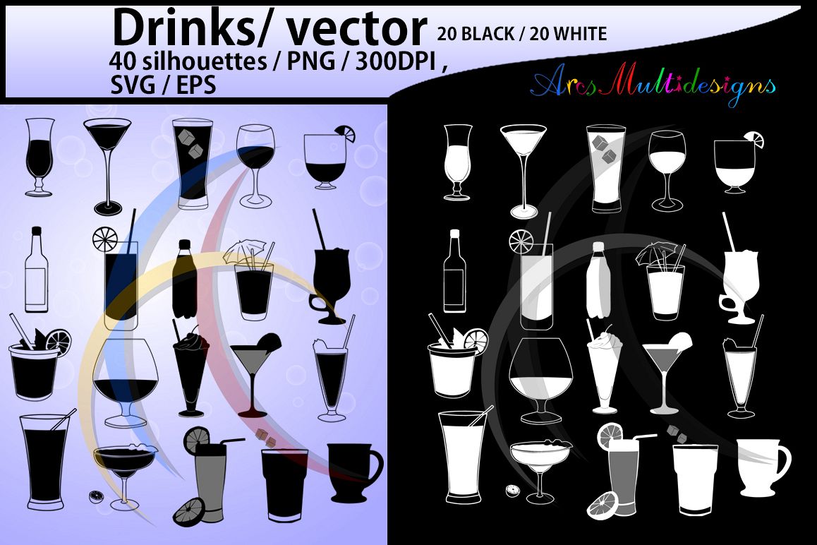 drinks silhouette svg / Drinks / drinking glass / drinks clipart / High Quality / black and white silhouette / 300 dpi / EPS / SVG / PNG example image 1