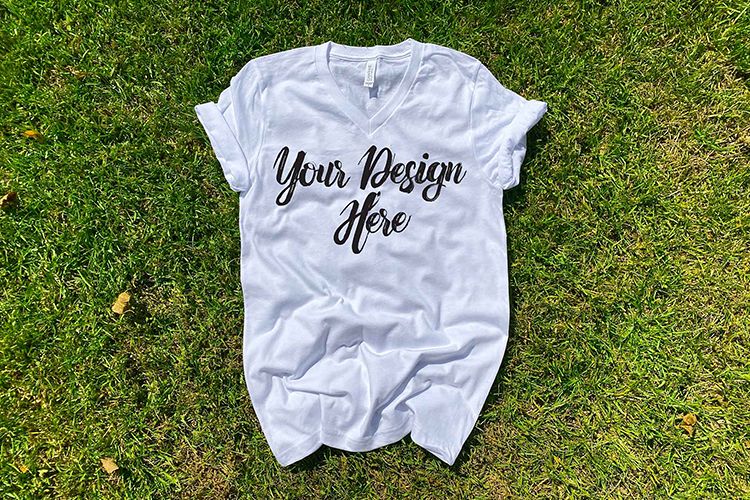 Bella 3005 White V-Neck Shirt Mockup Photo - Flatlay Photo example image 1