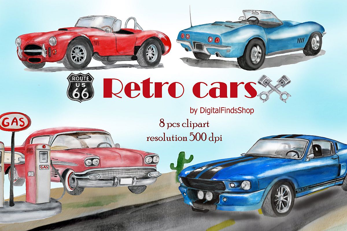 Car clipart, vehicle watercolor clipart with vintage cars example image 1