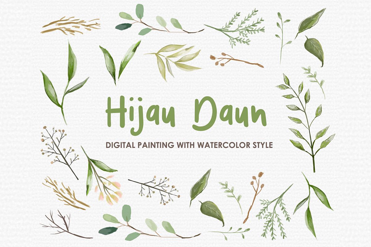Hijau Daun - Digital Watercolor Floral Flower Style Clipart example image 1