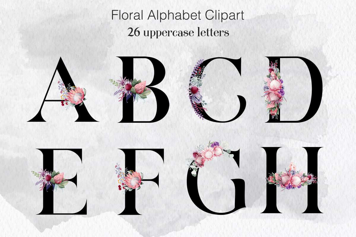 Floral Alphabet Clipart, Wedding Flower Alphabet example image 1