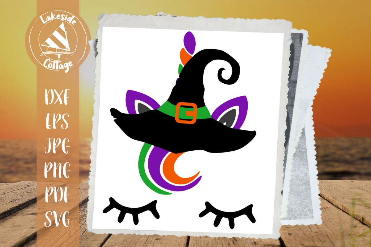 Unicorn Wearing Witch Hat Halloween SVG example image 1