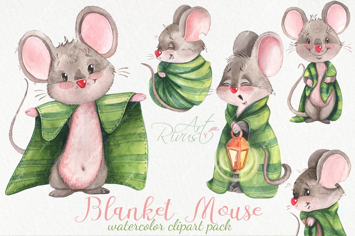 Cute watercolor mouse clipart pack example image 1