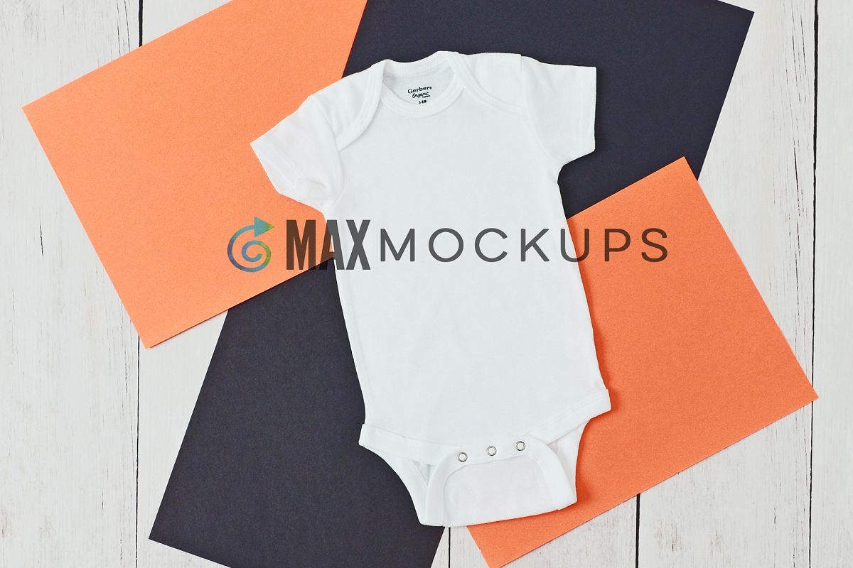 Baby bodysuit Mockup, Halloween orange black flatlay photo example image 1