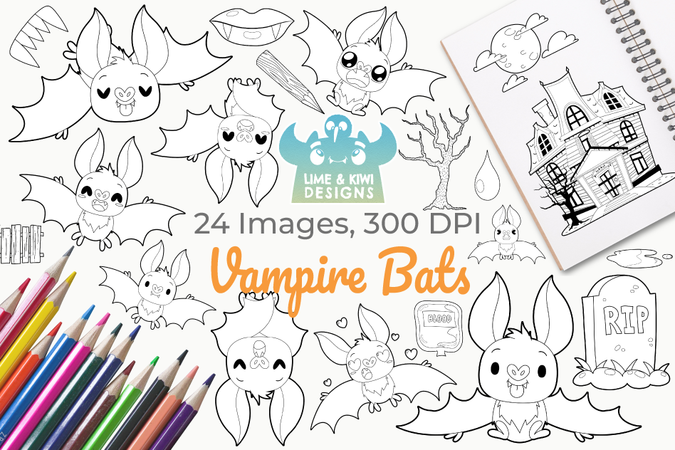 Vampire Bats Digital Stamps, Instant Download Vector Art example image 1