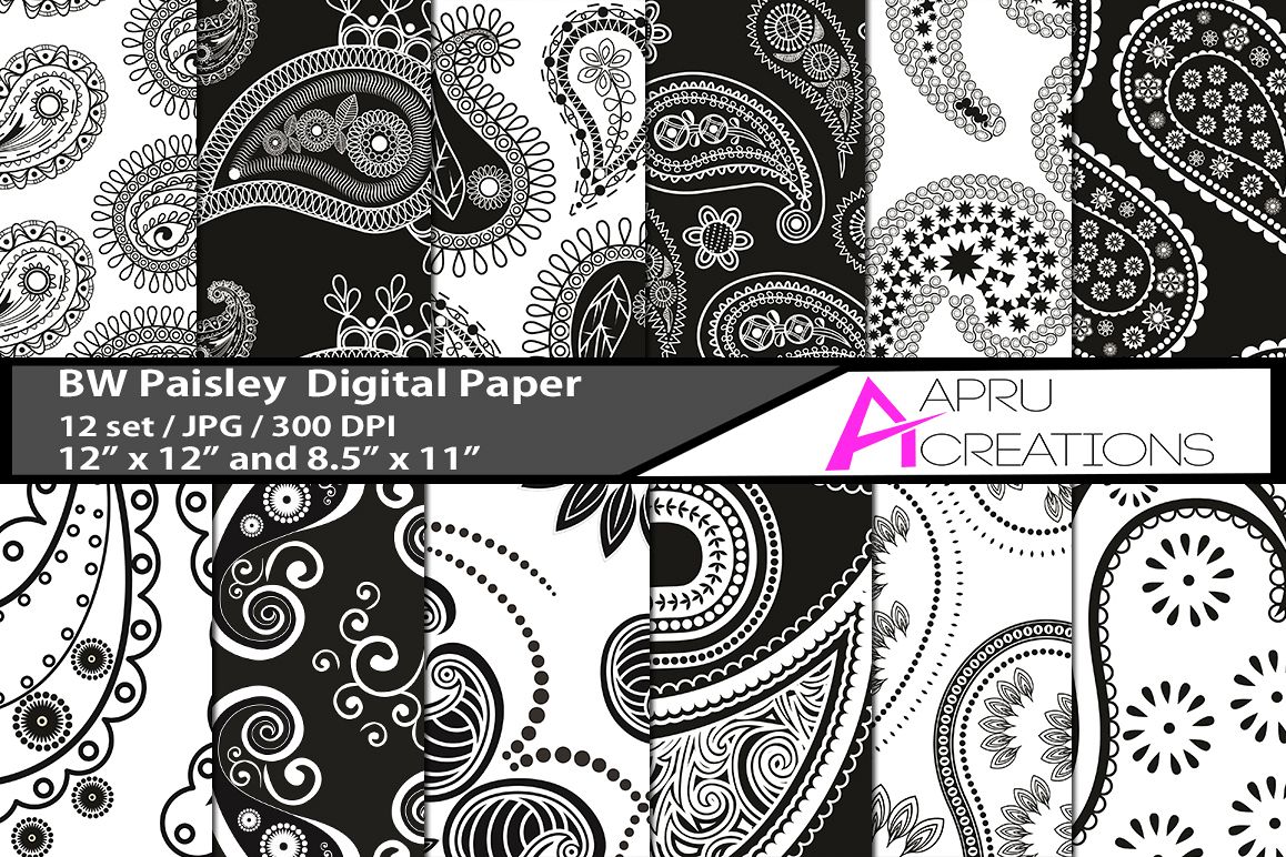 block and white paisley digital papers,black and white paisley pattern, digital papers, high quality 300 dpi, 12 x 12 inch , and 8.5 x 11 inch example image 1