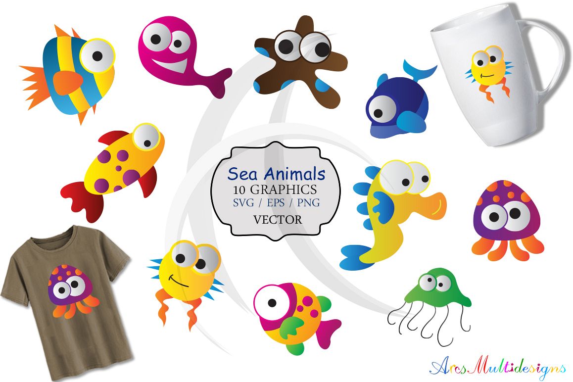 sea animal svg /sea animals clip art SVG /sea animal vector/ hand drawn doodle sea creatures / Eps / Png / printable example image 1