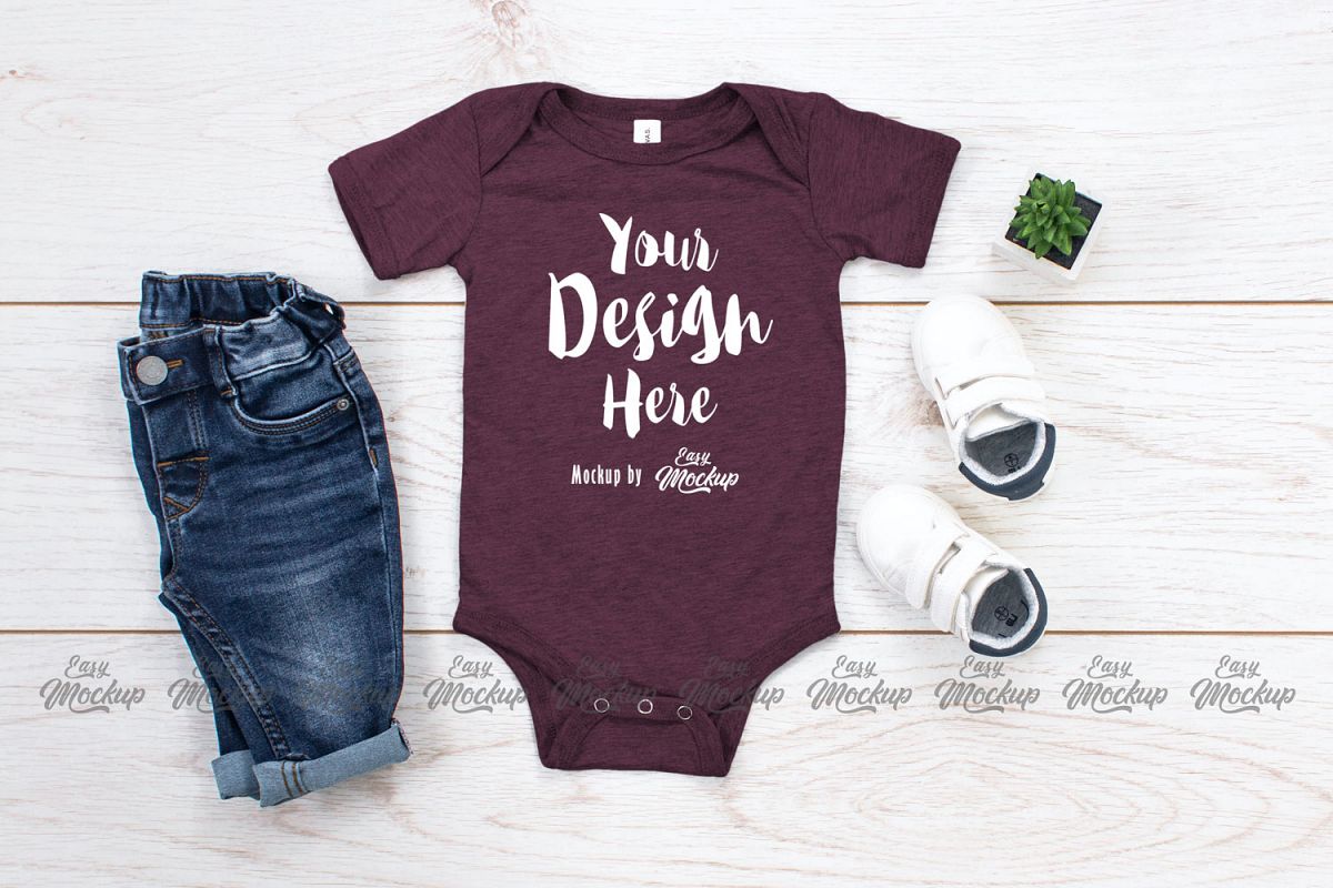 Maroon Heather Bella Canvas 100B MockUp One Piece Flat La example image 1