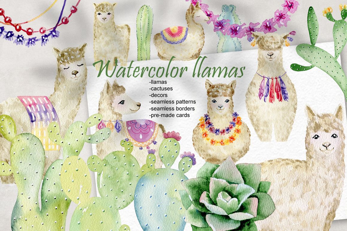 Watercolor llamas. Kit. example image 1