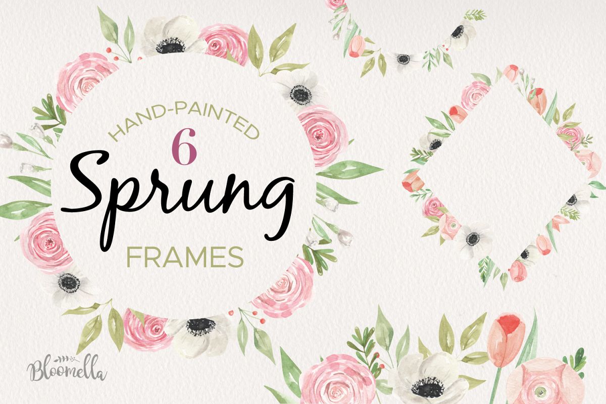 Sprung Watercolor 6 Frames Tulips Set Flowers Borders Pink example image 1