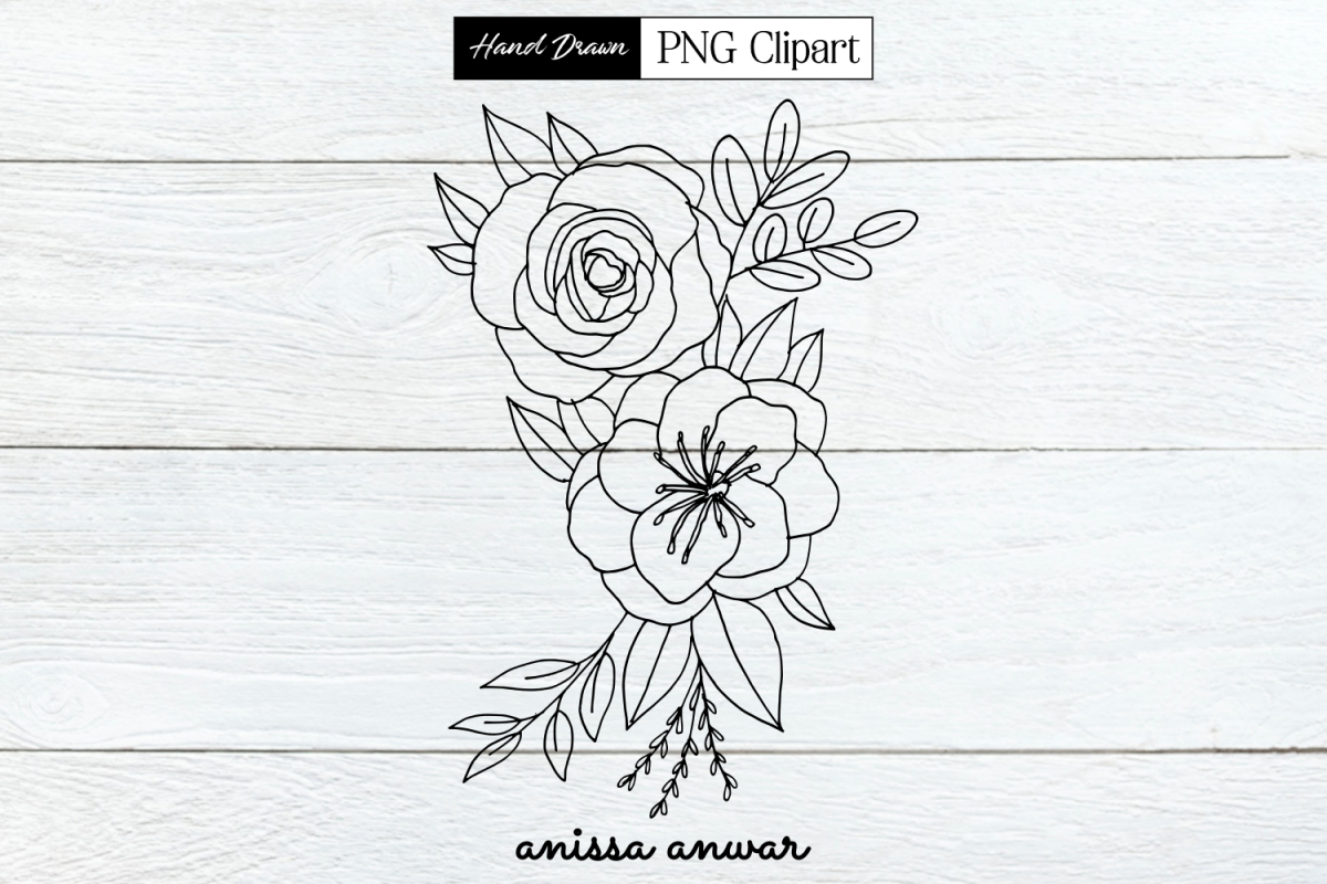 Flowers Bouquet Line Art, Png Clipart, Sublimation Printable example image 1