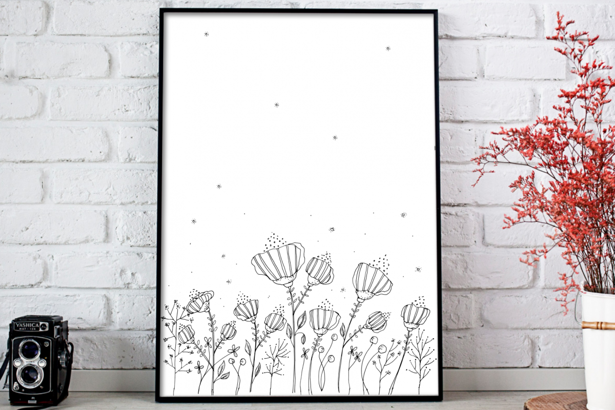 Black Floral Digital Art, A1, SVG example image 1