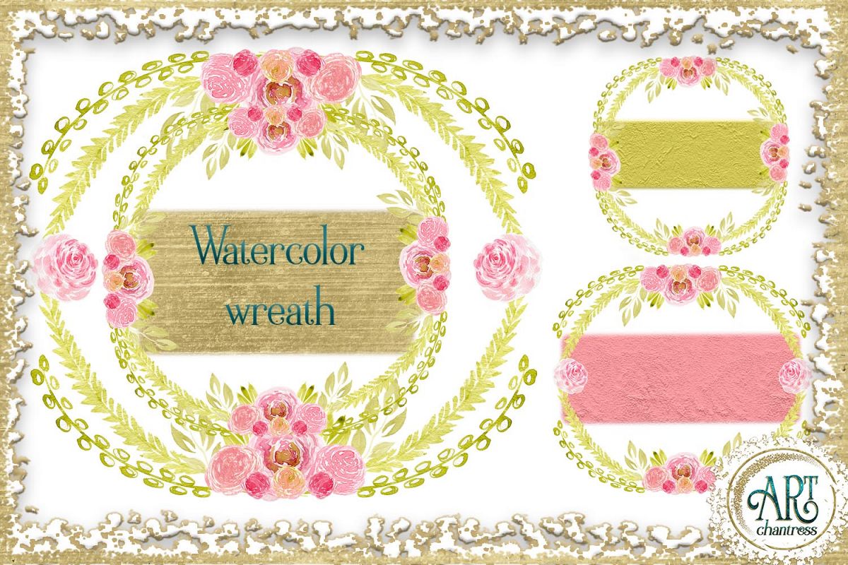 Watercolor Gold Floral Blush pink flower frame - 5 elements example image 1