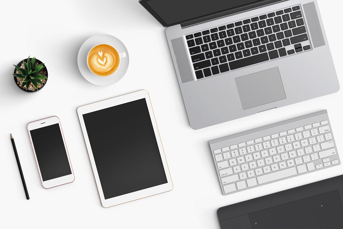 Modern workplace. Top view. Flat lay style. 3 example image 1