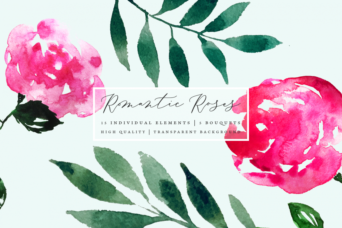 Pink Watercolor Hand Painted Roses Clip Art Set example image 1