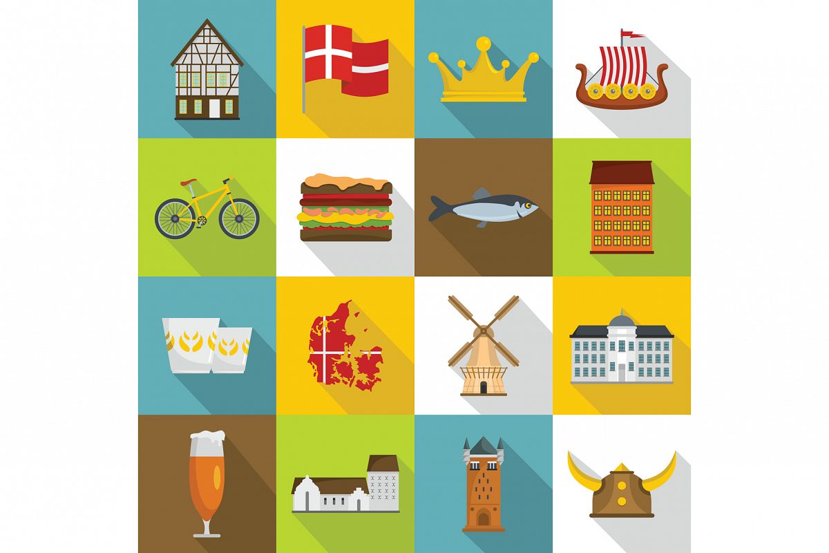 Denmark travel icons set, flat style example image 1