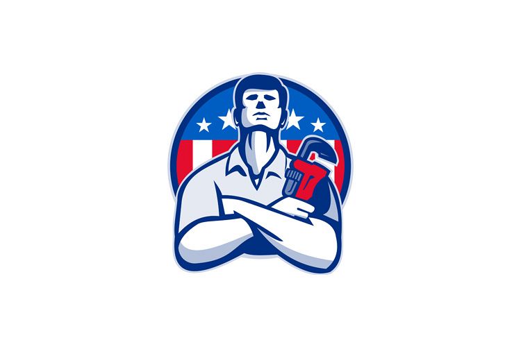 Plumber With Monkey Wrench American Flag retro example image 1