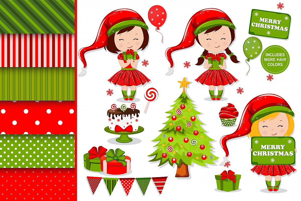 Christmas girl illustration, Christmas digital papers example image 1