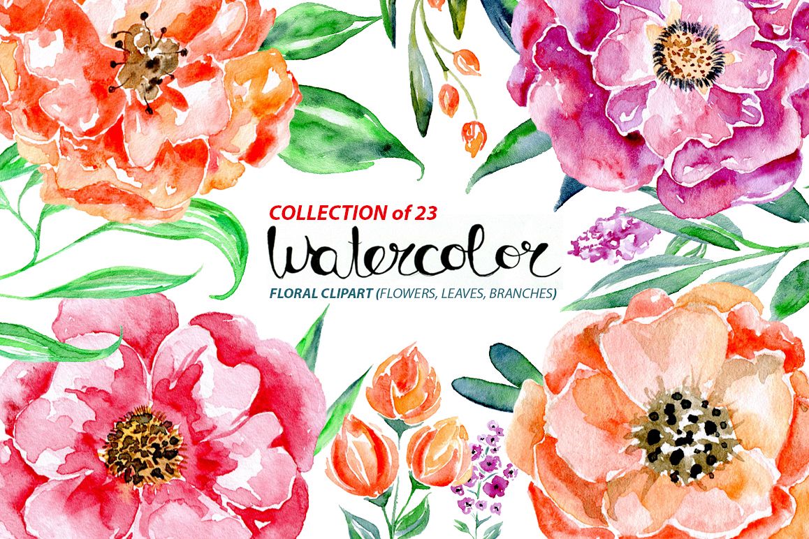 Watercolor flowers set, 23 elements example image 1